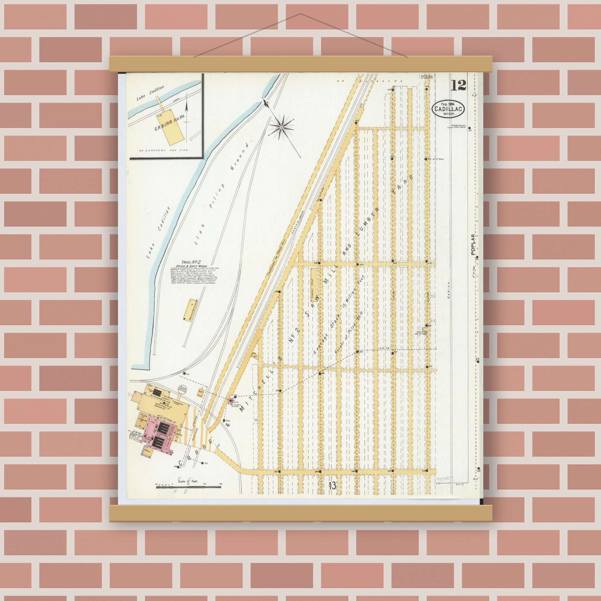 Old map wall art mockup — magnetic wood frame on brick wall — Sanborn Fire Insurance Map from Cadillac, Wexford County, Michigan (1906), Sheet #0012
