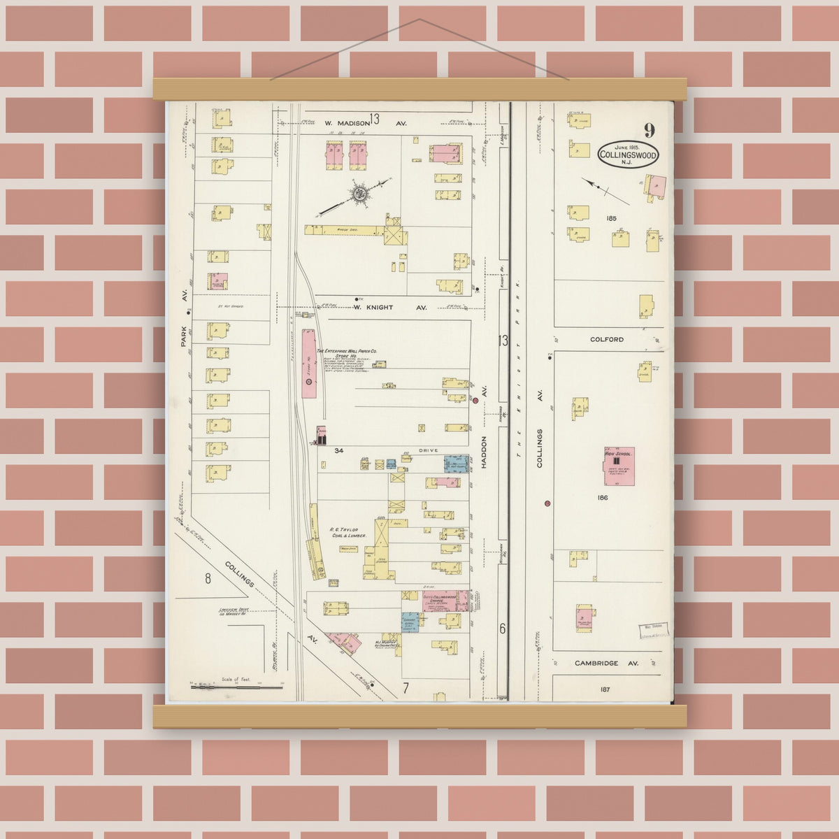 Old map wall art mockup — magnetic wood frame on brick wall — Sanborn Fire Insurance Map from Collingswood, Camden County, New Jersey (1915), Sheet #0009