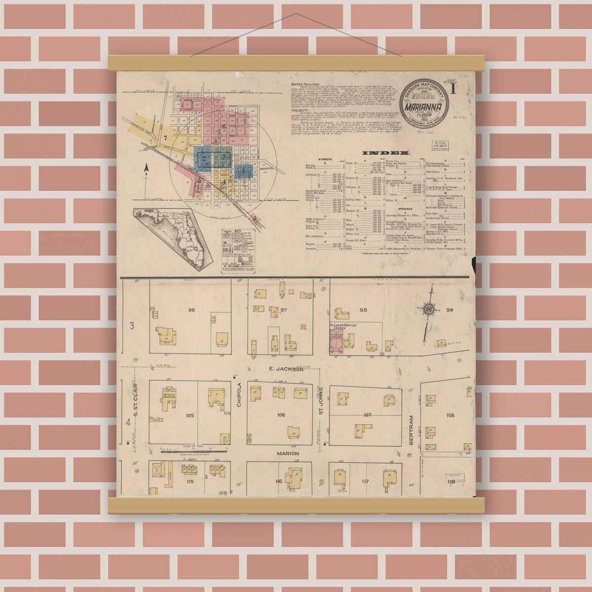 Old map wall art mockup — magnetic wood frame on brick wall — Sanborn Fire Insurance Map from Marianna, Jackson County, Florida (1922), Sheet #0001