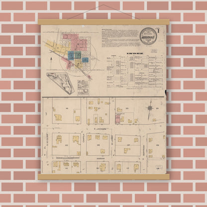 Old map wall art mockup — magnetic wood frame on brick wall — Sanborn Fire Insurance Map from Marianna, Jackson County, Florida (1922), Sheet #0001