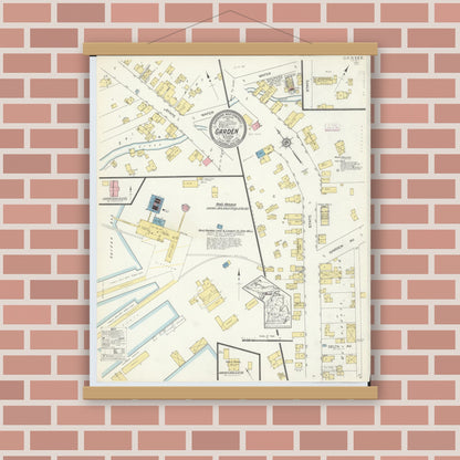 Old map wall art mockup — magnetic wood frame on brick wall — Sanborn Fire Insurance Map from Garden, Delta County, Michigan (1913), Sheet #0001