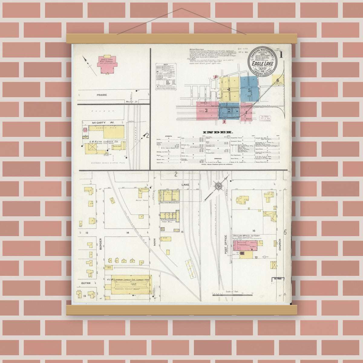 Old map wall art mockup — magnetic wood frame on brick wall — Sanborn Fire Insurance Map from Eagle Lake, Colorado County, Texas (1912), Sheet #0001