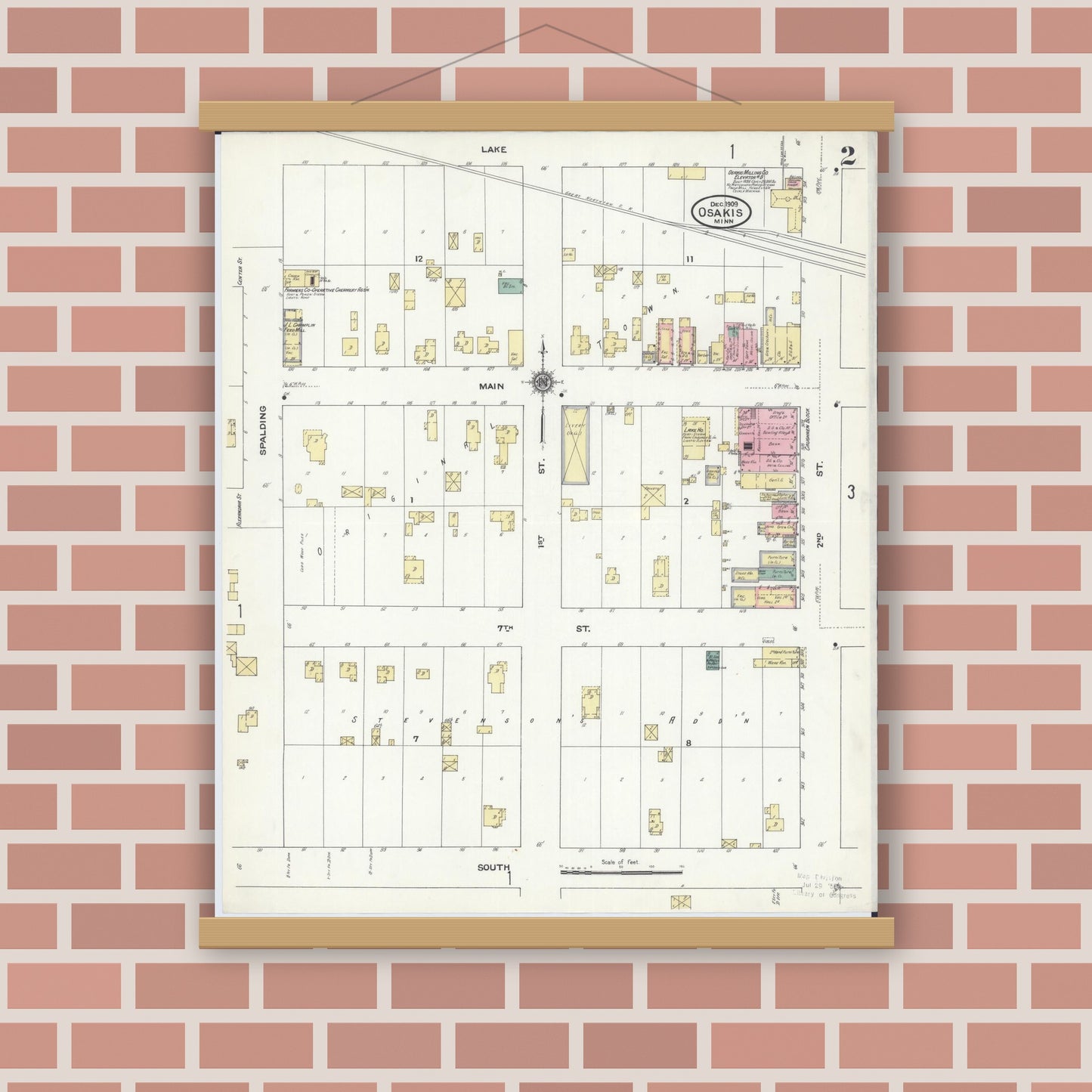 Old map wall art mockup — magnetic wood frame on brick wall — Sanborn Fire Insurance Map from Osakis, Douglas and Todd Counties, Minnesota (1909), Sheet #0002