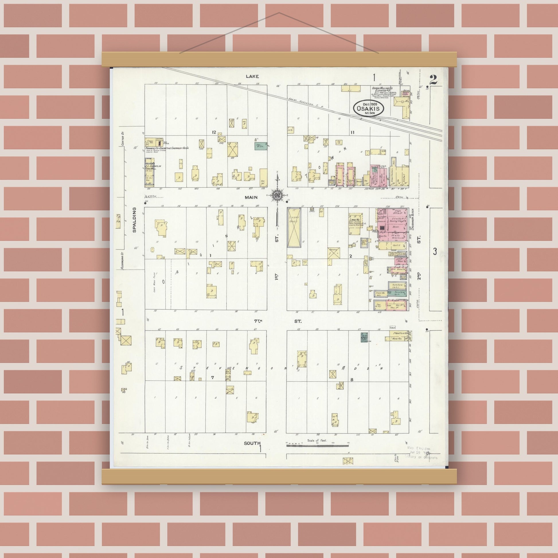 Old map wall art mockup — magnetic wood frame on brick wall — Sanborn Fire Insurance Map from Osakis, Douglas and Todd Counties, Minnesota (1909), Sheet #0002