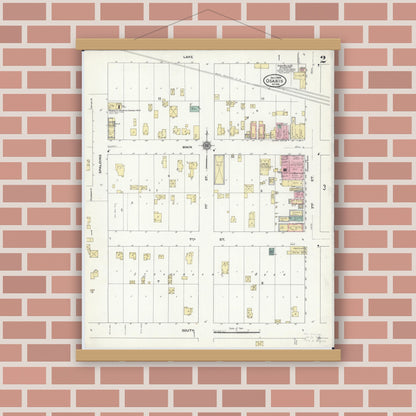 Old map wall art mockup — magnetic wood frame on brick wall — Sanborn Fire Insurance Map from Osakis, Douglas and Todd Counties, Minnesota (1909), Sheet #0002