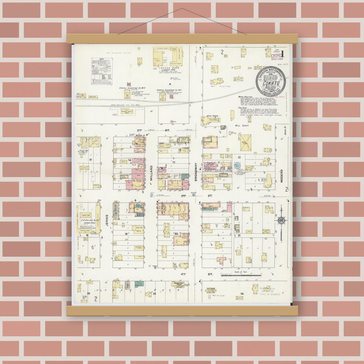 Old map wall art mockup — magnetic wood frame on brick wall — Sanborn Fire Insurance Map from Cokato, Wright County, Minnesota (1909) - Complete Map Set