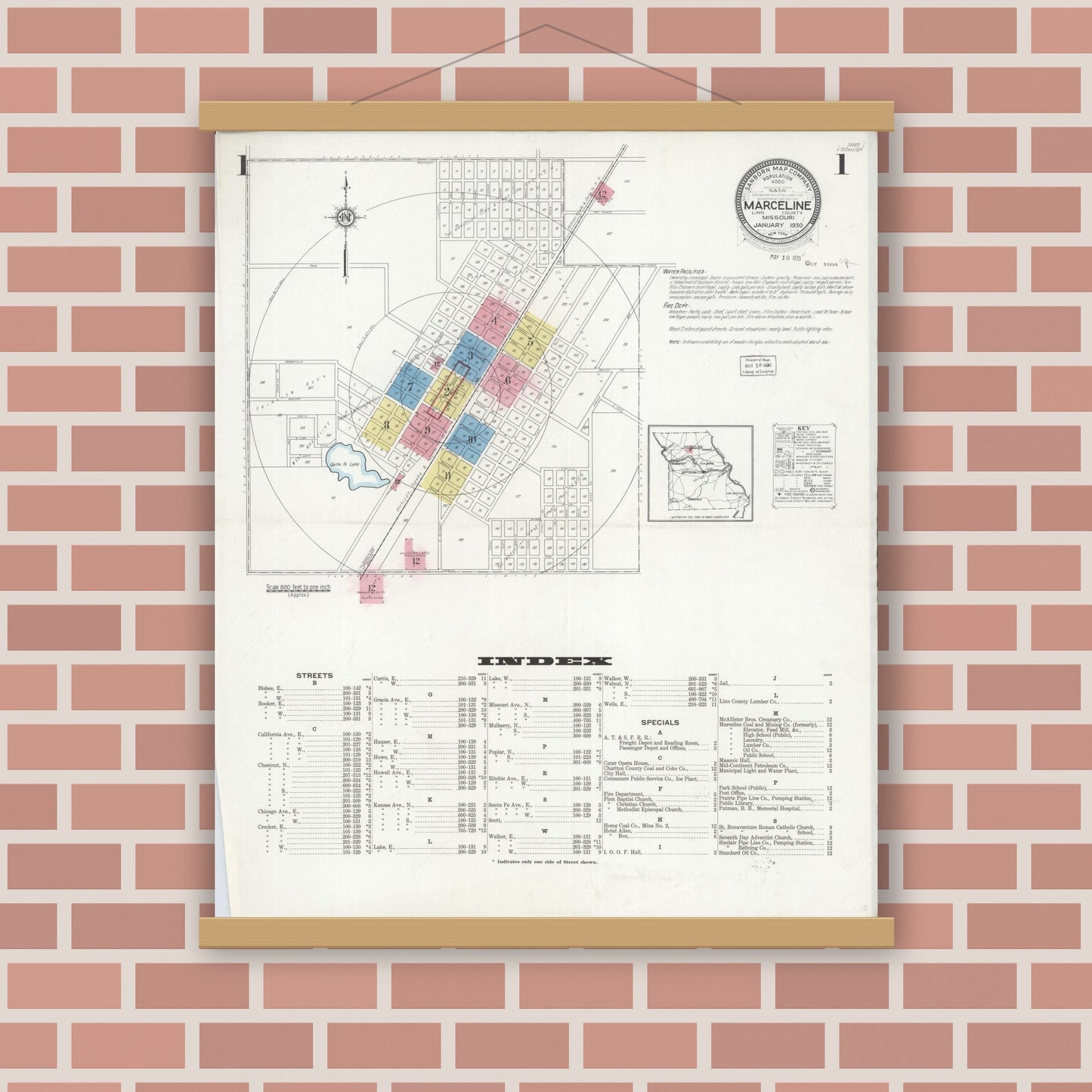 Old map wall art mockup — magnetic wood frame on brick wall — Sanborn Fire Insurance Map from Marceline, Linn County, Missouri (1930), Sheet #0001