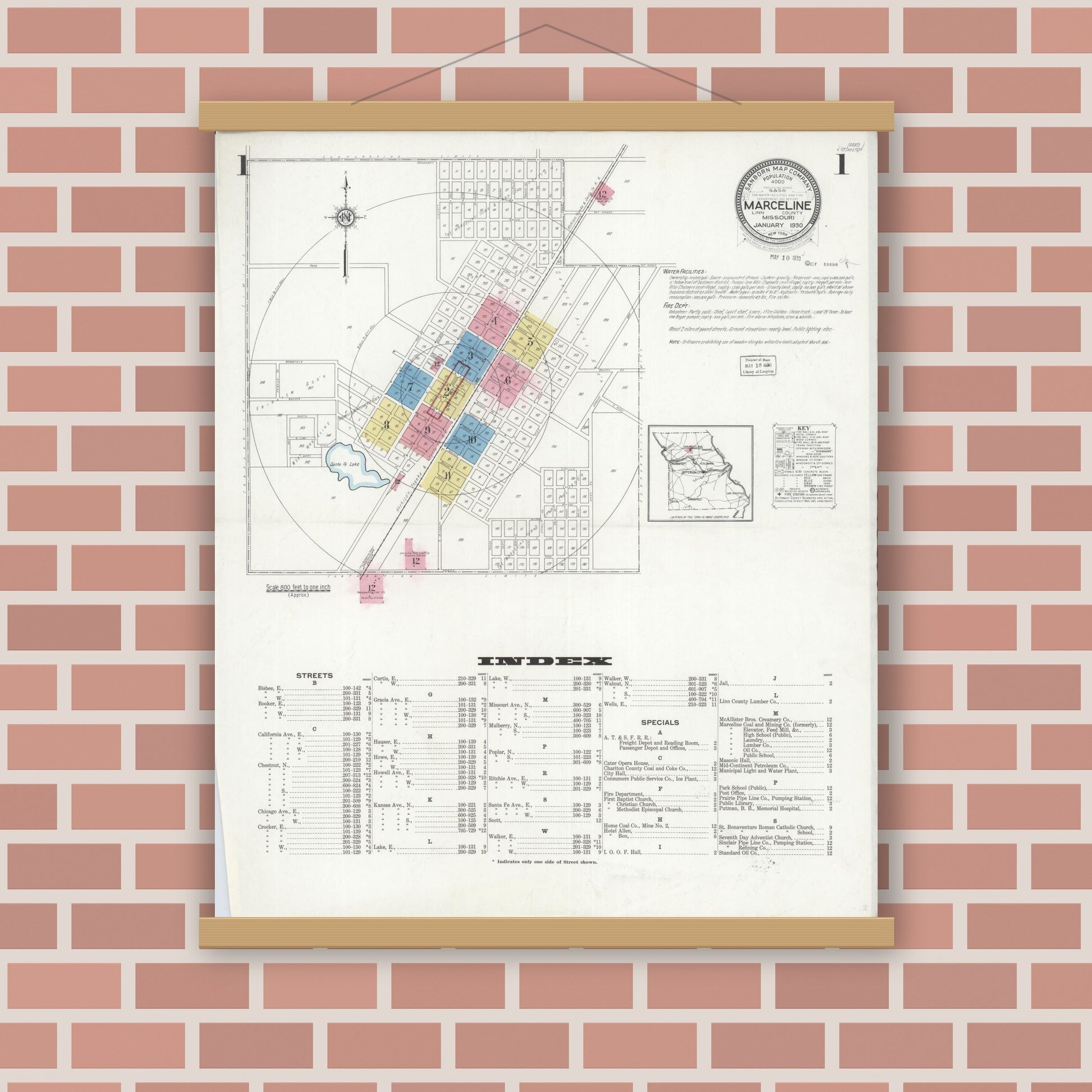 Old map wall art mockup — magnetic wood frame on brick wall — Sanborn Fire Insurance Map from Marceline, Linn County, Missouri (1930), Sheet #0001