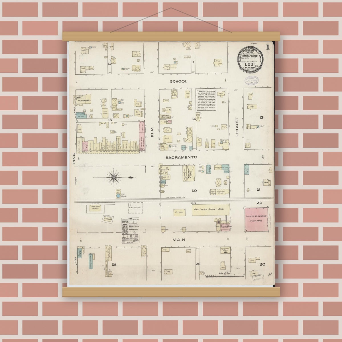 Old map wall art mockup — magnetic wood frame on brick wall — Sanborn Fire Insurance Map from Lodi, San Joaquin County, California (1884) - Complete Map Set