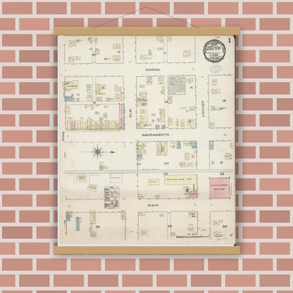 Old map wall art mockup — magnetic wood frame on brick wall — Sanborn Fire Insurance Map from Lodi, San Joaquin County, California (1884) - Complete Map Set