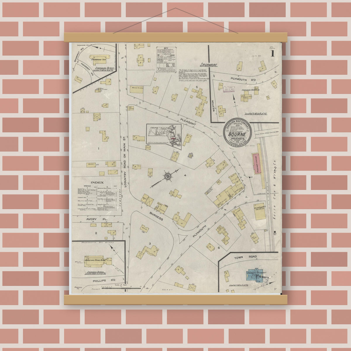 Old map wall art mockup — magnetic wood frame on brick wall — Sanborn Fire Insurance Map from Bourne, Barnstable County, Massachusetts (1913), Sheet #0001
