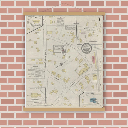 Old map wall art mockup — magnetic wood frame on brick wall — Sanborn Fire Insurance Map from Bourne, Barnstable County, Massachusetts (1913), Sheet #0001