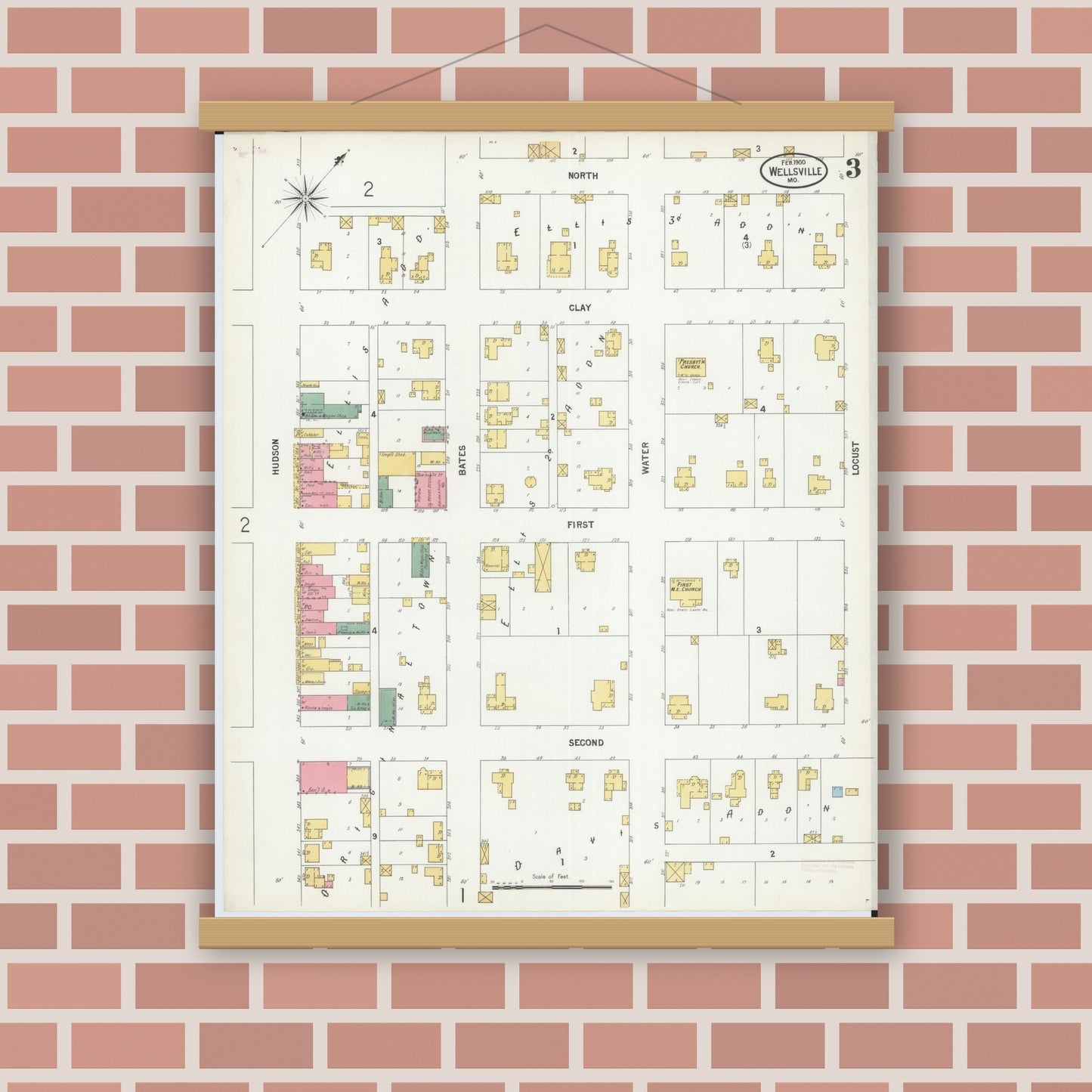 Old map wall art mockup — magnetic wood frame on brick wall — Sanborn Fire Insurance Map from Wellsville, Montgomery County, Missouri (1900), Sheet #0003
