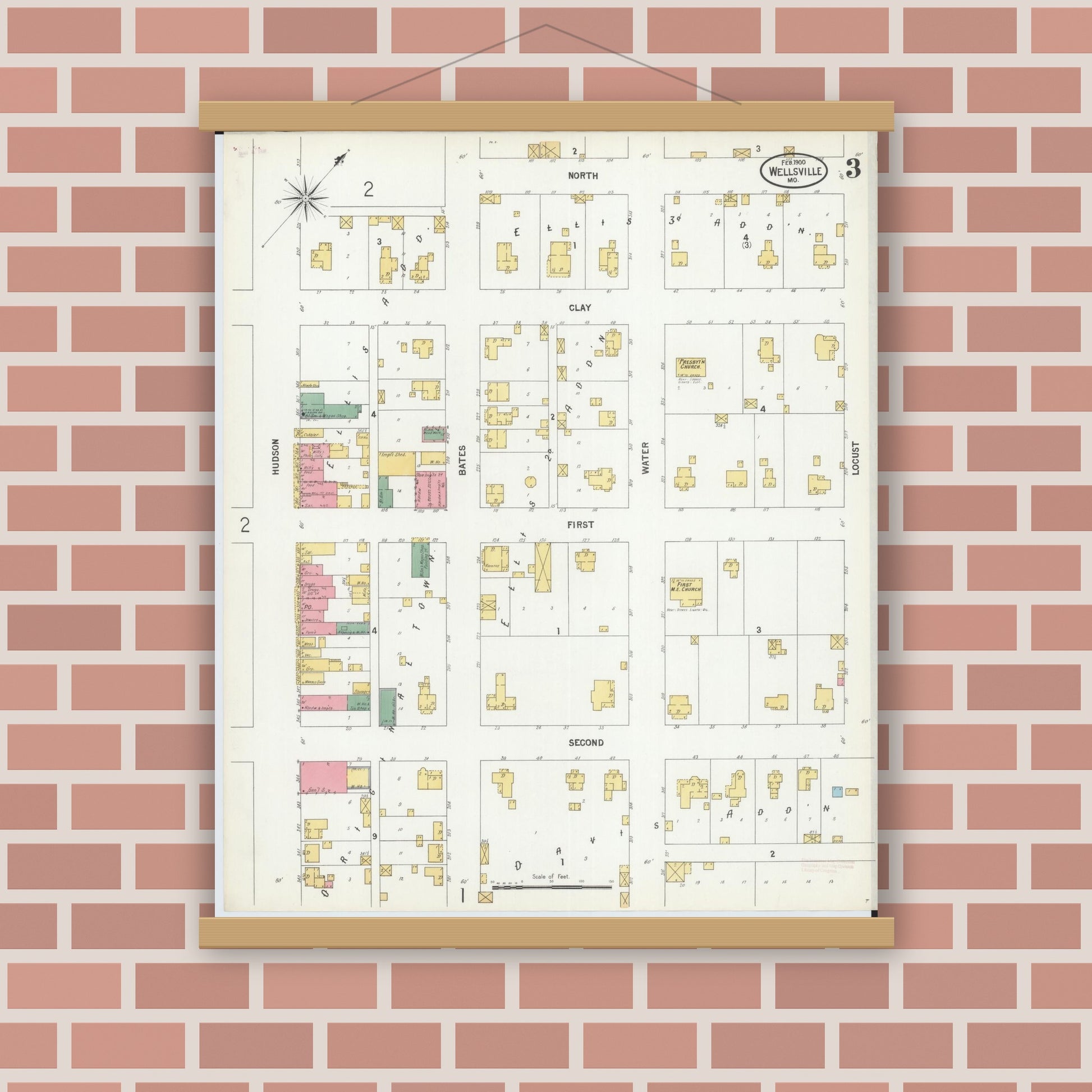 Old map wall art mockup — magnetic wood frame on brick wall — Sanborn Fire Insurance Map from Wellsville, Montgomery County, Missouri (1900), Sheet #0003