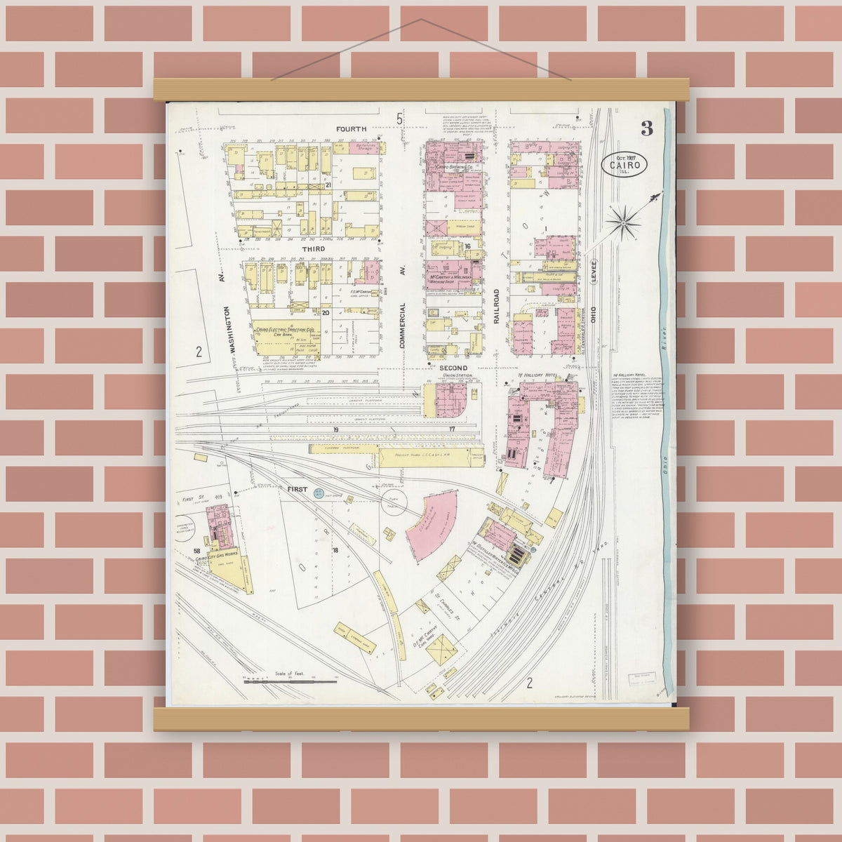 Old map wall art mockup — magnetic wood frame on brick wall — Sanborn Fire Insurance Map from Cairo, Alexander County, Illinois (1907), Sheet #0003