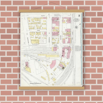 Old map wall art mockup — magnetic wood frame on brick wall — Sanborn Fire Insurance Map from Cairo, Alexander County, Illinois (1907), Sheet #0003