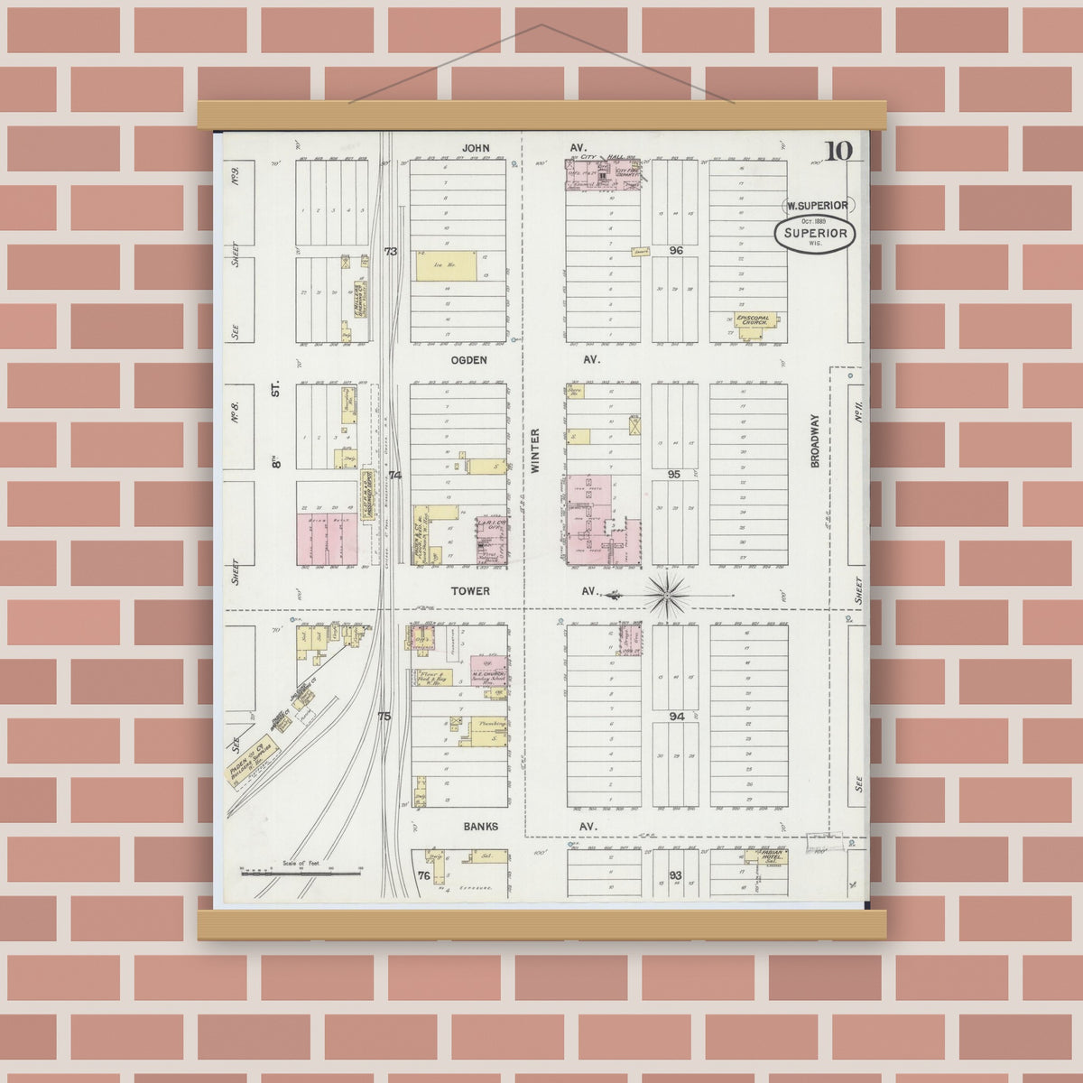 Old map wall art mockup — magnetic wood frame on brick wall — Sanborn Fire Insurance Map from Superior, Douglas County, Wisconsin (1887), Sheet #0010