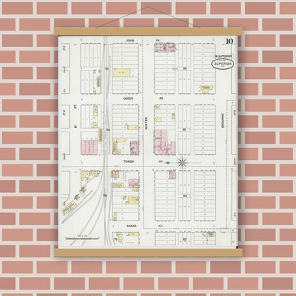 Old map wall art mockup — magnetic wood frame on brick wall — Sanborn Fire Insurance Map from Superior, Douglas County, Wisconsin (1887), Sheet #0010