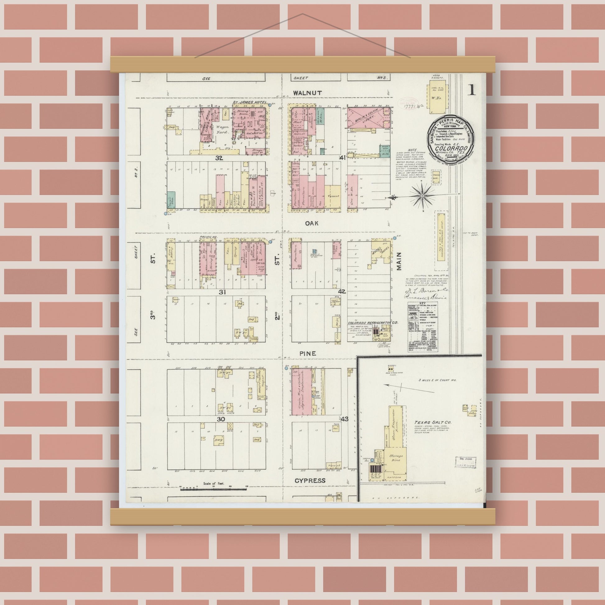 Old map wall art mockup — magnetic wood frame on brick wall — Sanborn Fire Insurance Map from Colorado, Mitchell County, Texas (1891) - Complete Map Set