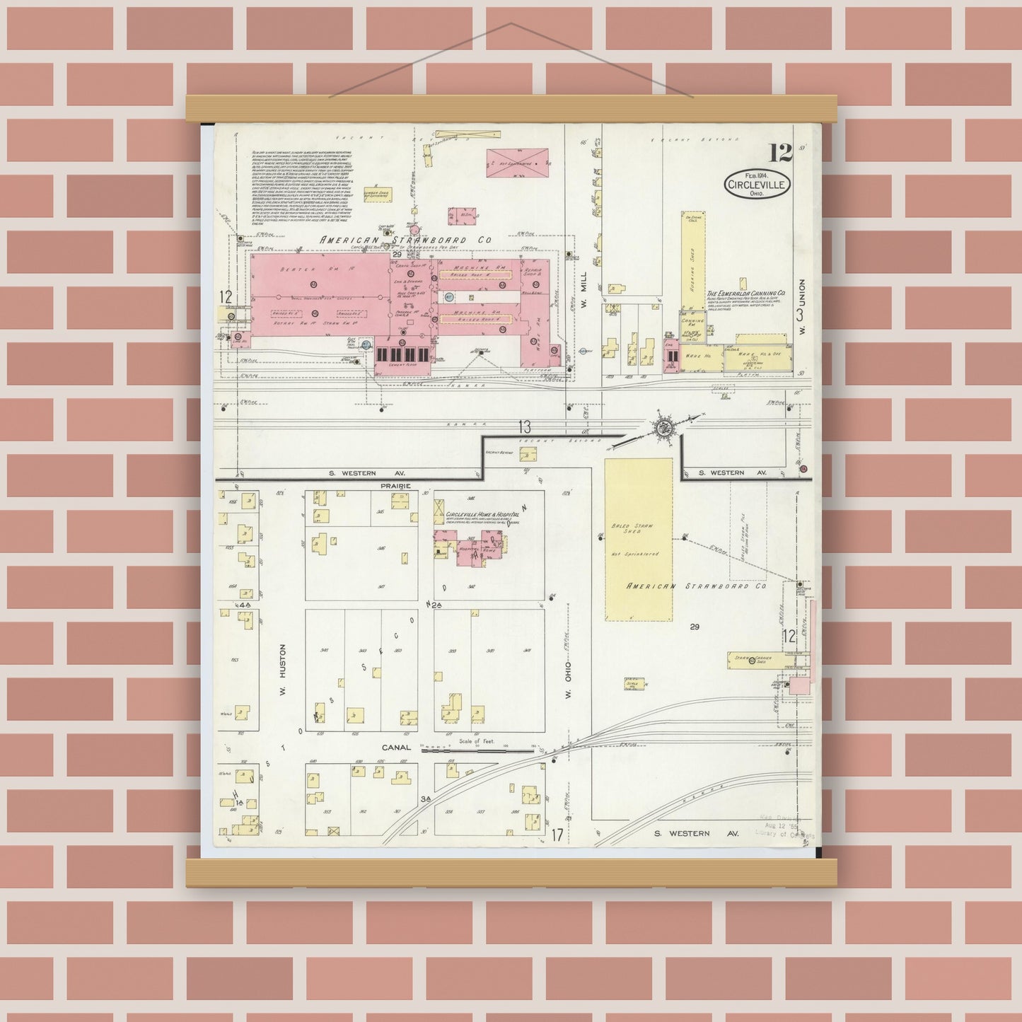 Old map wall art mockup — magnetic wood frame on brick wall — Sanborn Fire Insurance Map from Circleville, Pickaway County, Ohio (1914), Sheet #0012