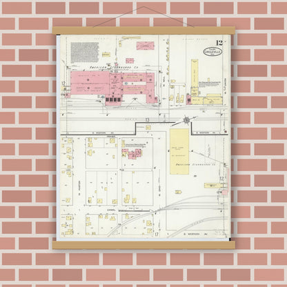 Old map wall art mockup — magnetic wood frame on brick wall — Sanborn Fire Insurance Map from Circleville, Pickaway County, Ohio (1914), Sheet #0012