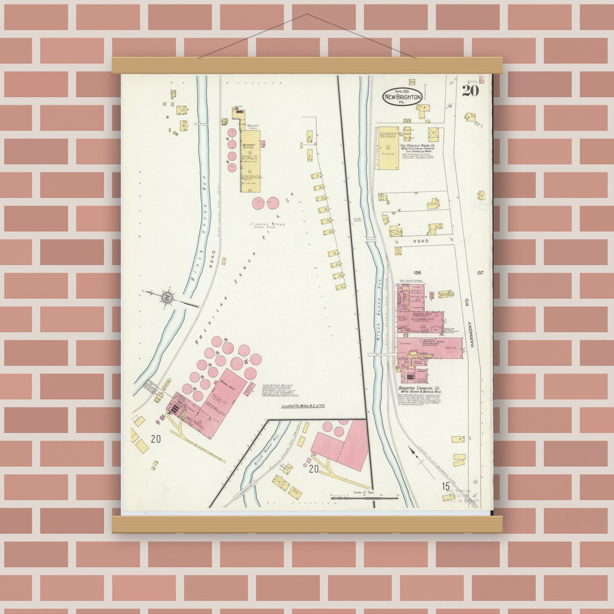 Old map wall art mockup — magnetic wood frame on brick wall — Sanborn Fire Insurance Map from New Brighton, Beaver County, Pennsylvania (1913), Sheet #0020