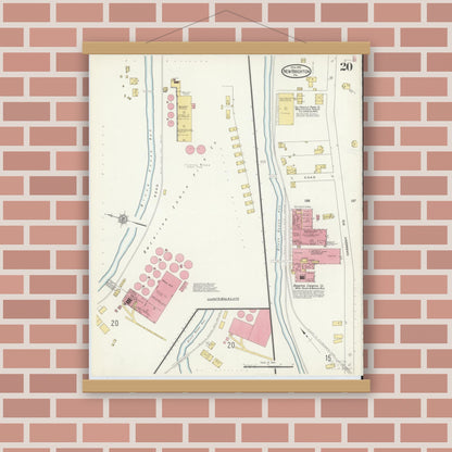Old map wall art mockup — magnetic wood frame on brick wall — Sanborn Fire Insurance Map from New Brighton, Beaver County, Pennsylvania (1913), Sheet #0020