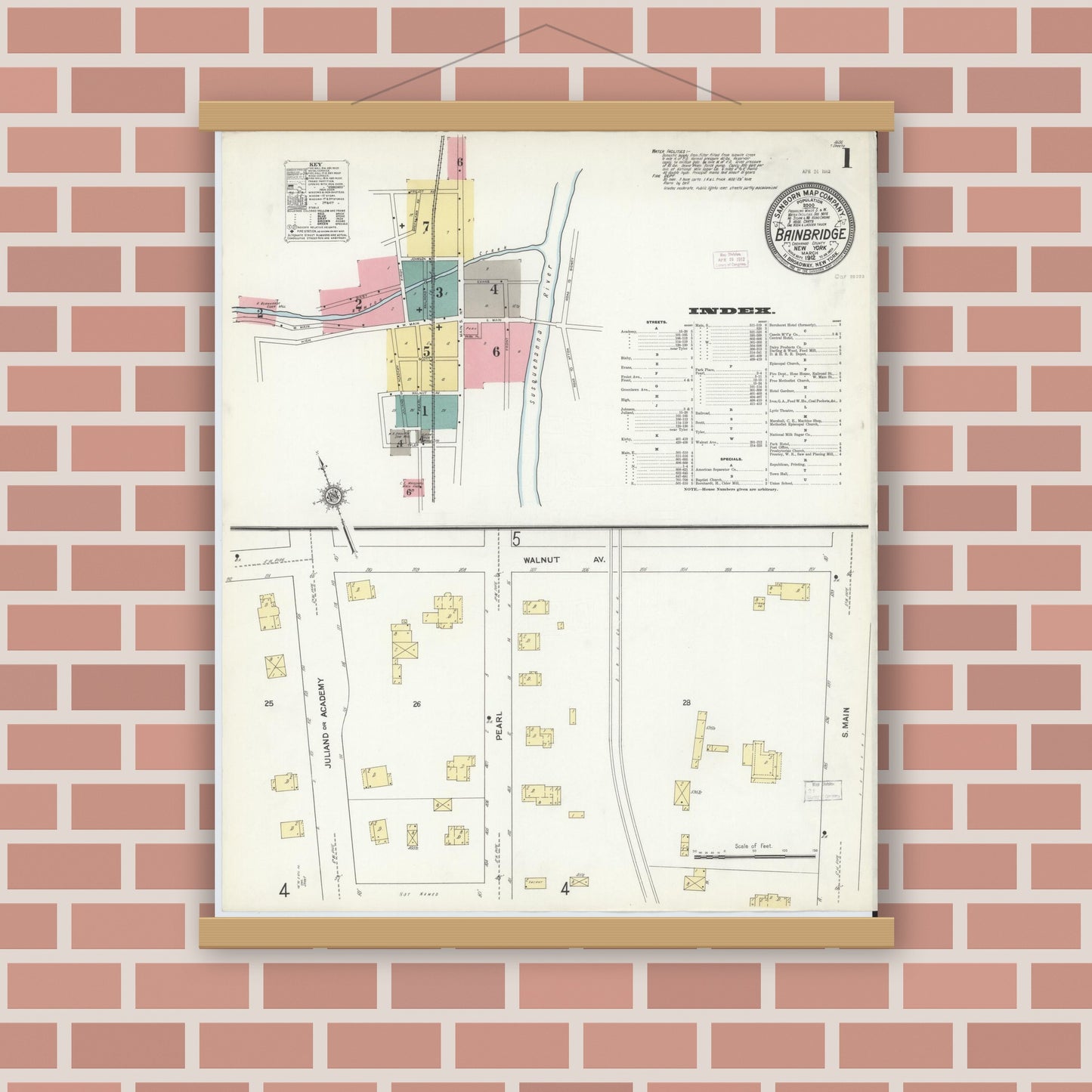 Old map wall art mockup — magnetic wood frame on brick wall — Sanborn Fire Insurance Map from Bainbridge, Chenango County, New York (1912), Sheet #0001