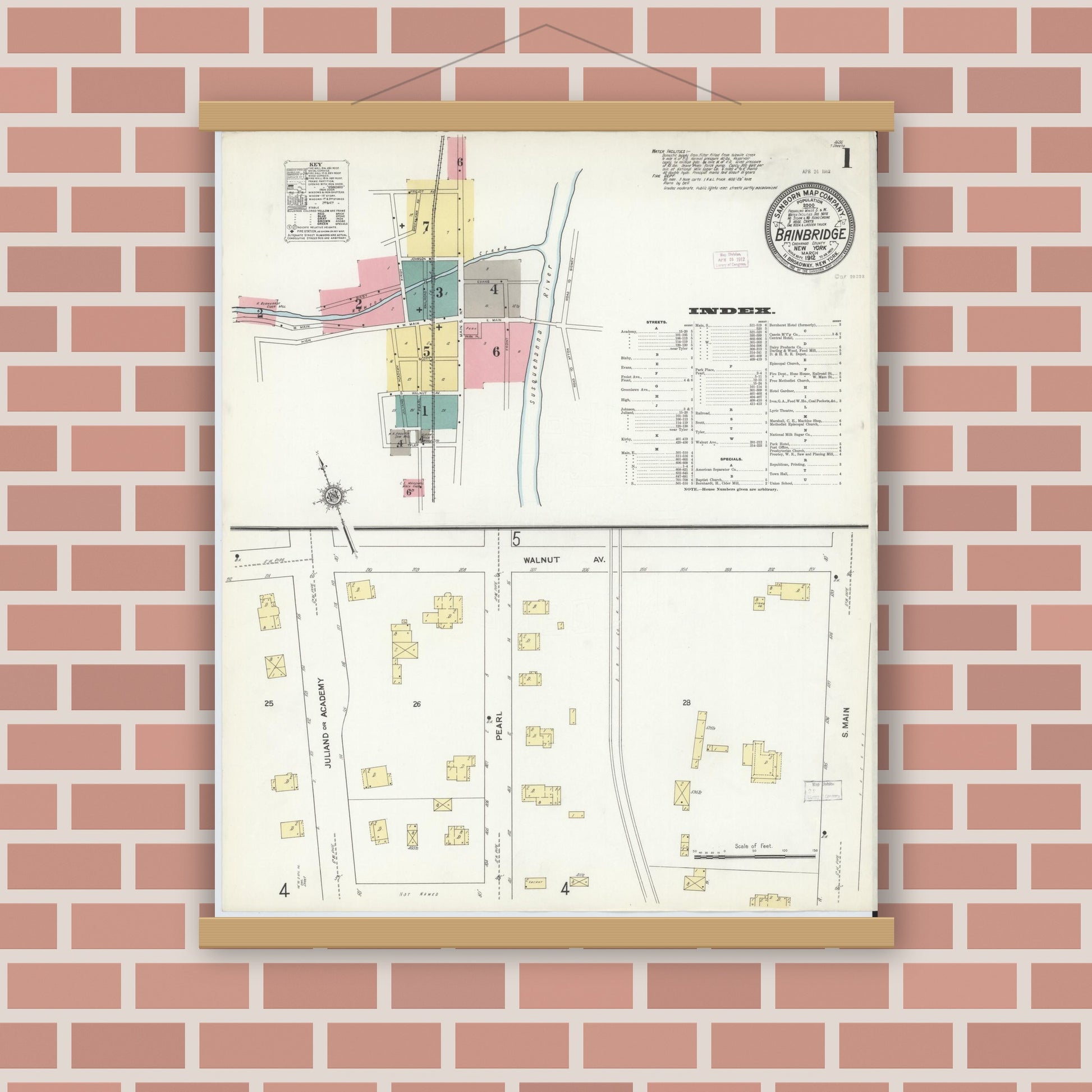 Old map wall art mockup — magnetic wood frame on brick wall — Sanborn Fire Insurance Map from Bainbridge, Chenango County, New York (1912), Sheet #0001