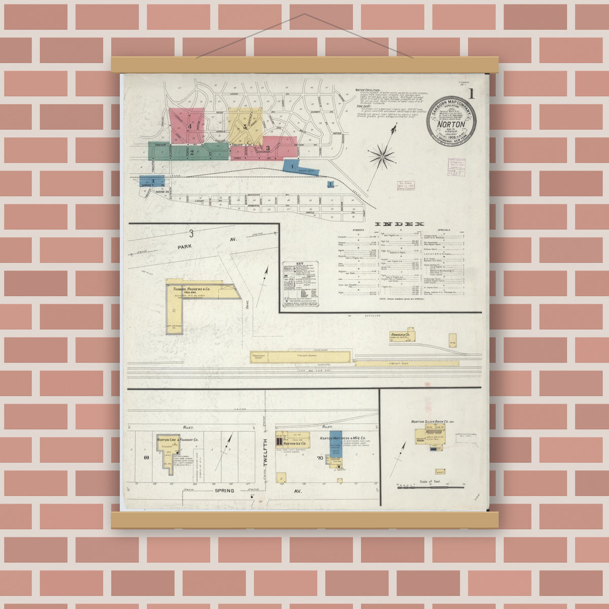 Old map wall art mockup — magnetic wood frame on brick wall — Sanborn Fire Insurance Map from Norton, Independent Cities, Virginia (1908) - Complete Map Set