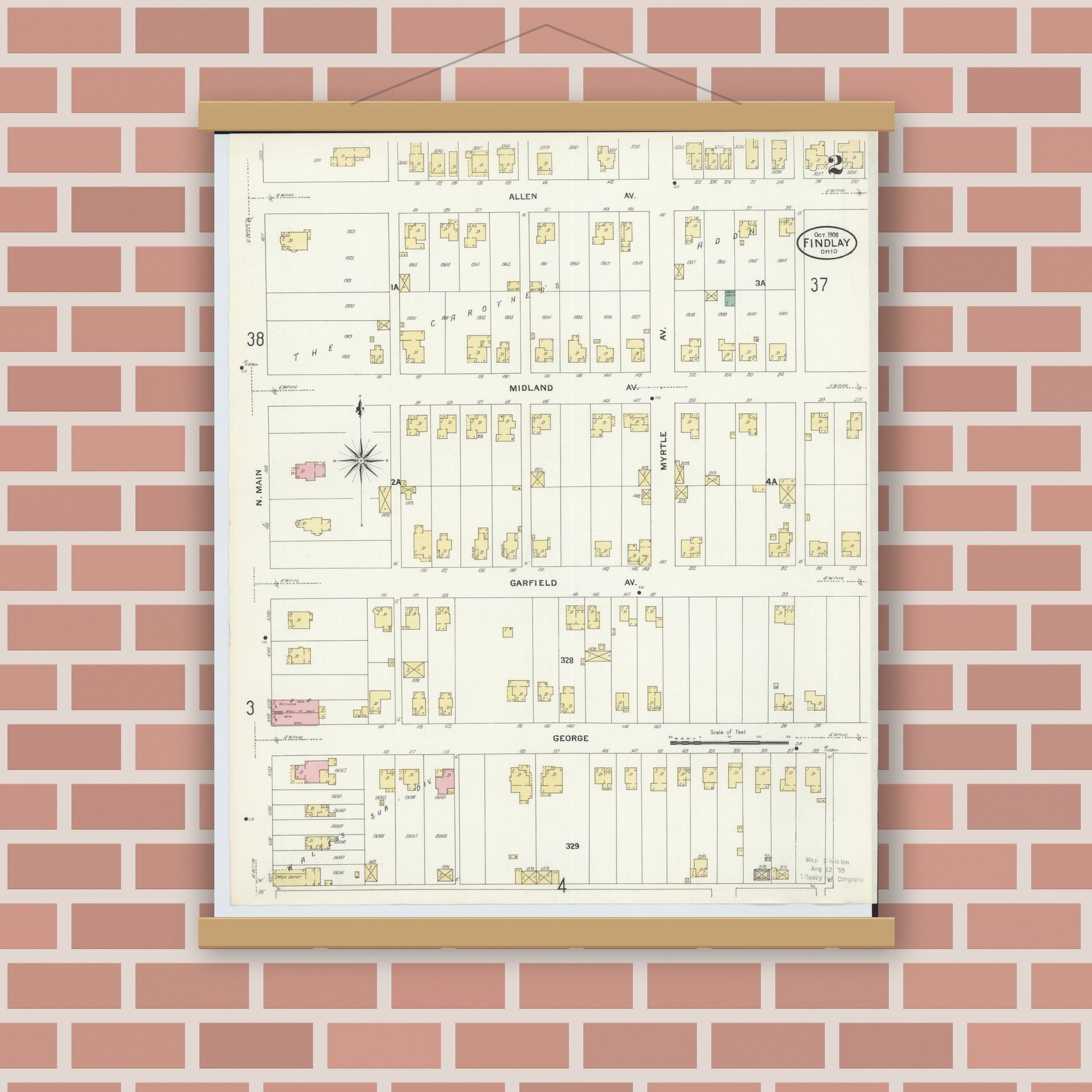 Old map wall art mockup — magnetic wood frame on brick wall — Sanborn Fire Insurance Map from Findlay, Hancock County, Ohio (1908), Sheet #0002