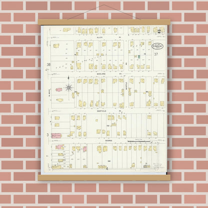 Old map wall art mockup — magnetic wood frame on brick wall — Sanborn Fire Insurance Map from Findlay, Hancock County, Ohio (1908), Sheet #0002
