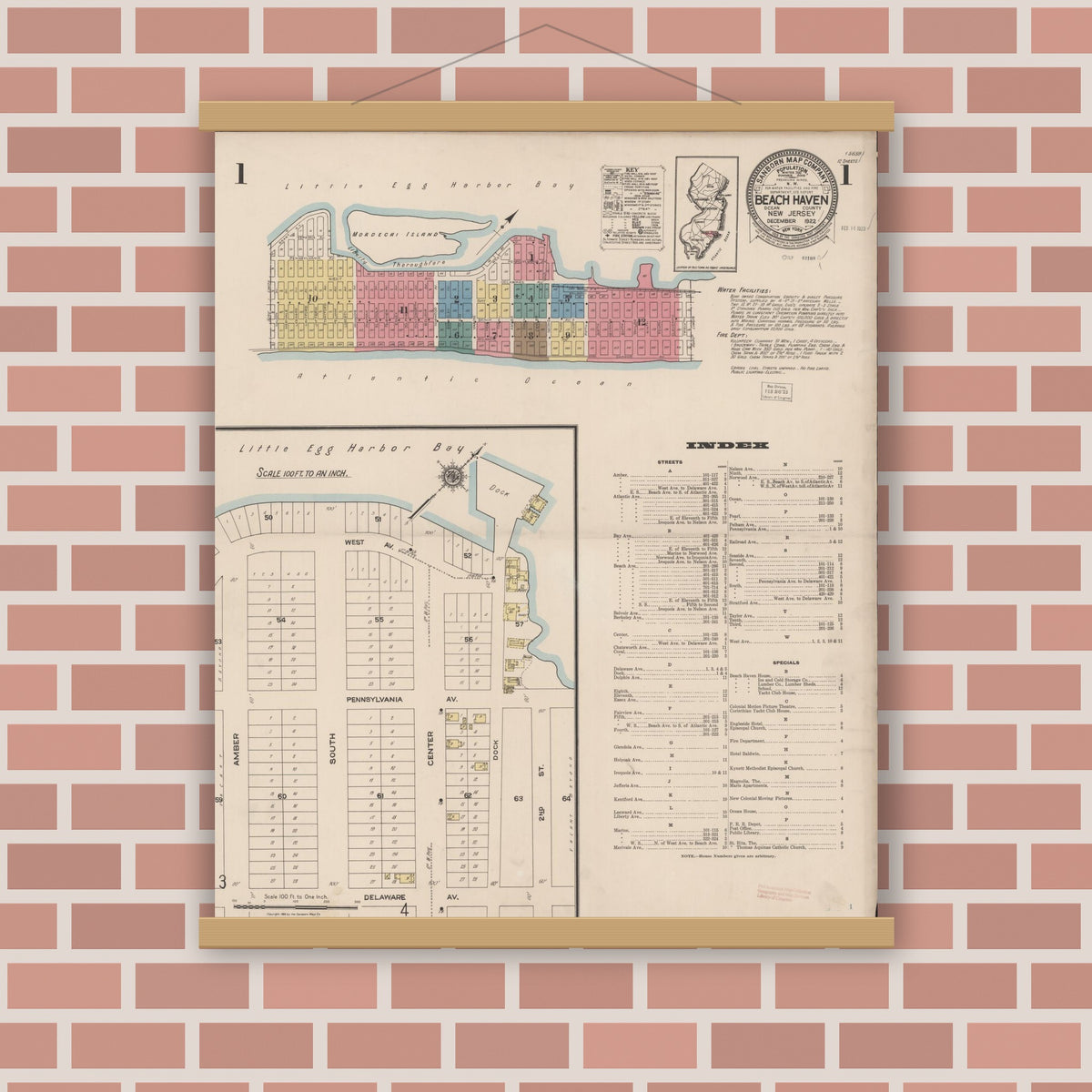 Old map wall art mockup — magnetic wood frame on brick wall — Sanborn Fire Insurance Map from Beach Haven, Ocean County, New Jersey (1922) - Complete Map Set
