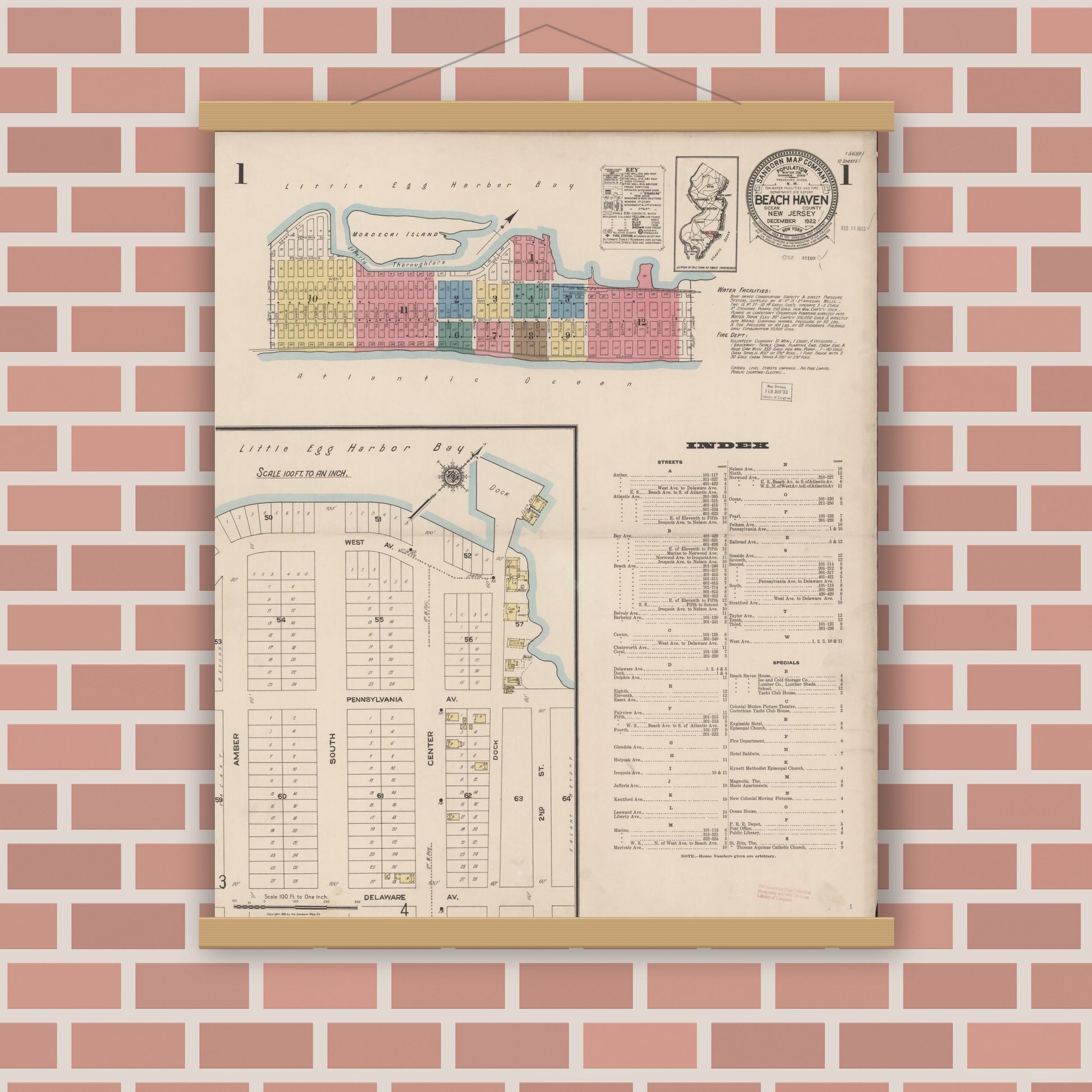 Old map wall art mockup — magnetic wood frame on brick wall — Sanborn Fire Insurance Map from Beach Haven, Ocean County, New Jersey (1922) - Complete Map Set
