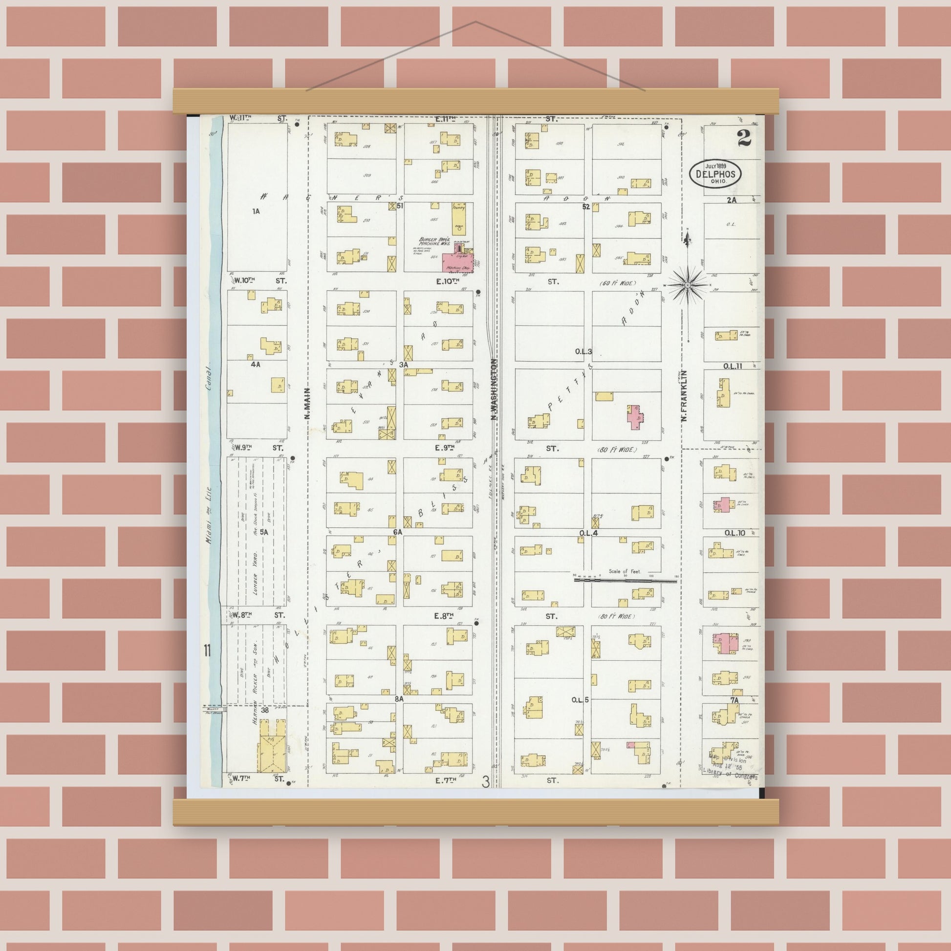 Old map wall art mockup — magnetic wood frame on brick wall — Sanborn Fire Insurance Map from Delphos, Van Wert And Allen Counties, Ohio (1899), Sheet #0002