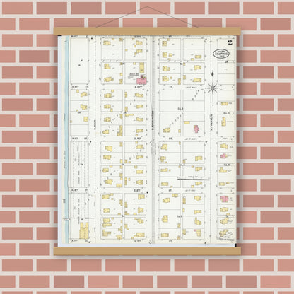 Old map wall art mockup — magnetic wood frame on brick wall — Sanborn Fire Insurance Map from Delphos, Van Wert And Allen Counties, Ohio (1899), Sheet #0002