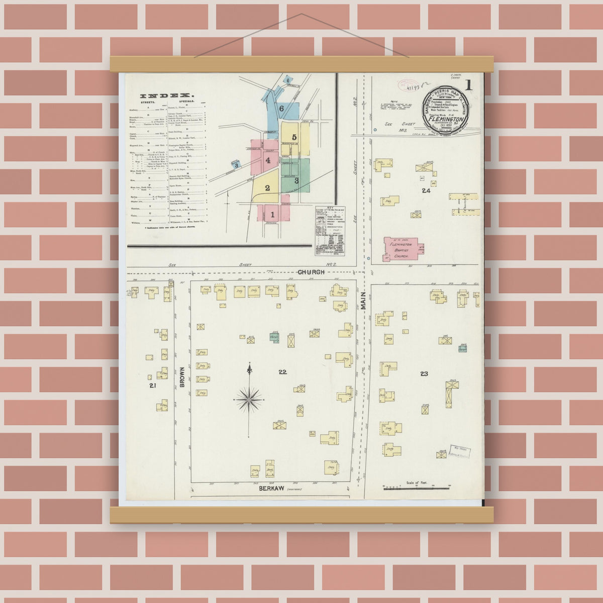 Old map wall art mockup — magnetic wood frame on brick wall — Sanborn Fire Insurance Map from Flemington, Hunterdon County, New Jersey (1890) - Complete Map Set