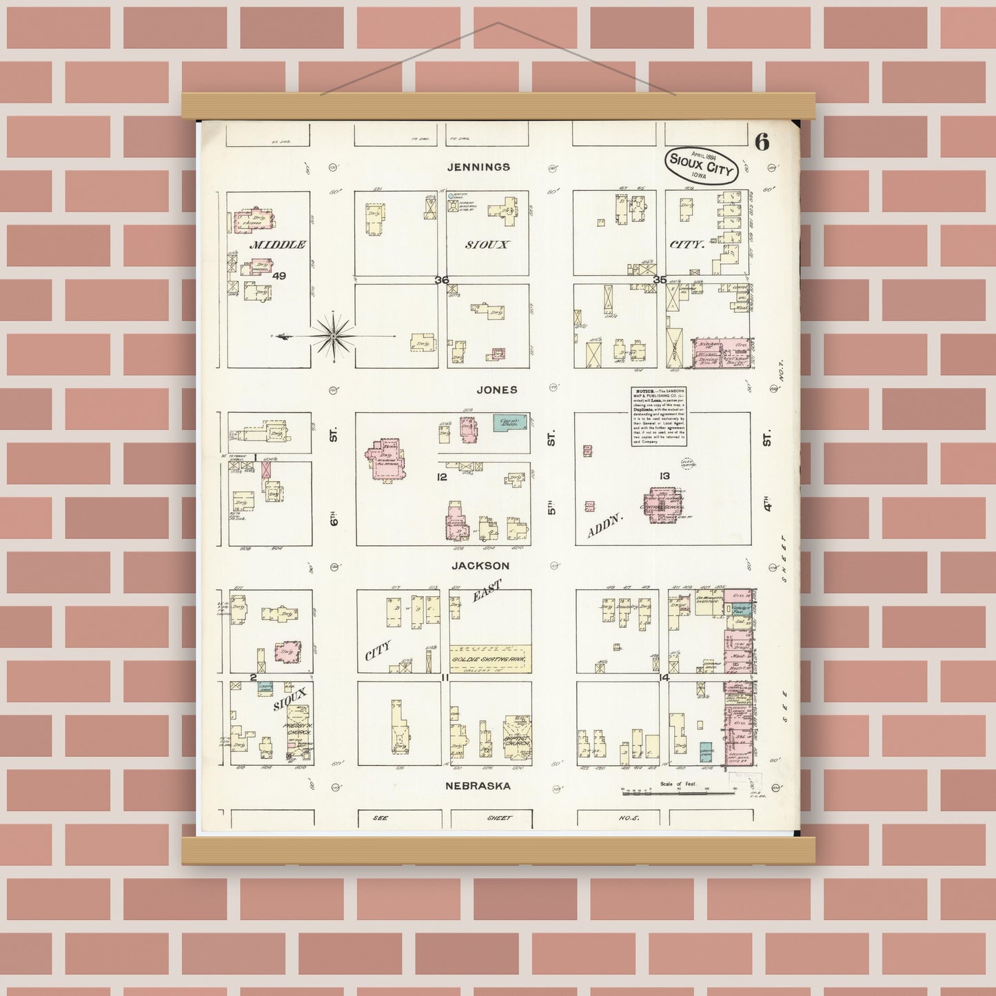 Old map wall art mockup — magnetic wood frame on brick wall — Sanborn Fire Insurance Map from Sioux City, Woodbury County, Iowa (1884), Sheet #0006