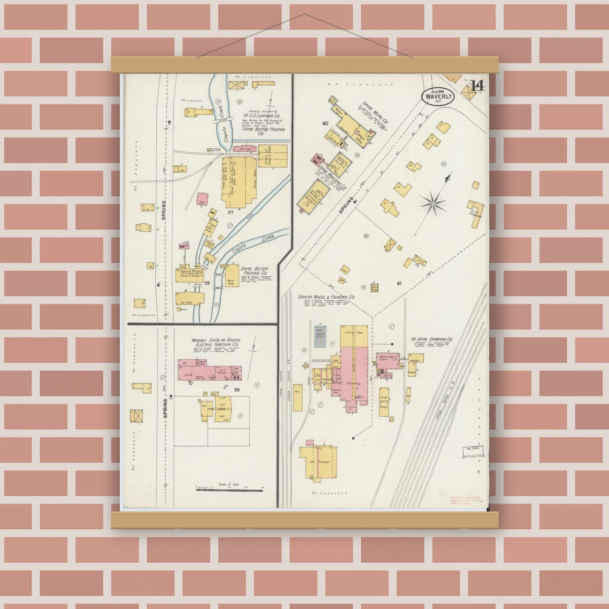 Old map wall art mockup — magnetic wood frame on brick wall — Sanborn Fire Insurance Map from Waverly, Tioga County, New York (1898), Sheet #0014