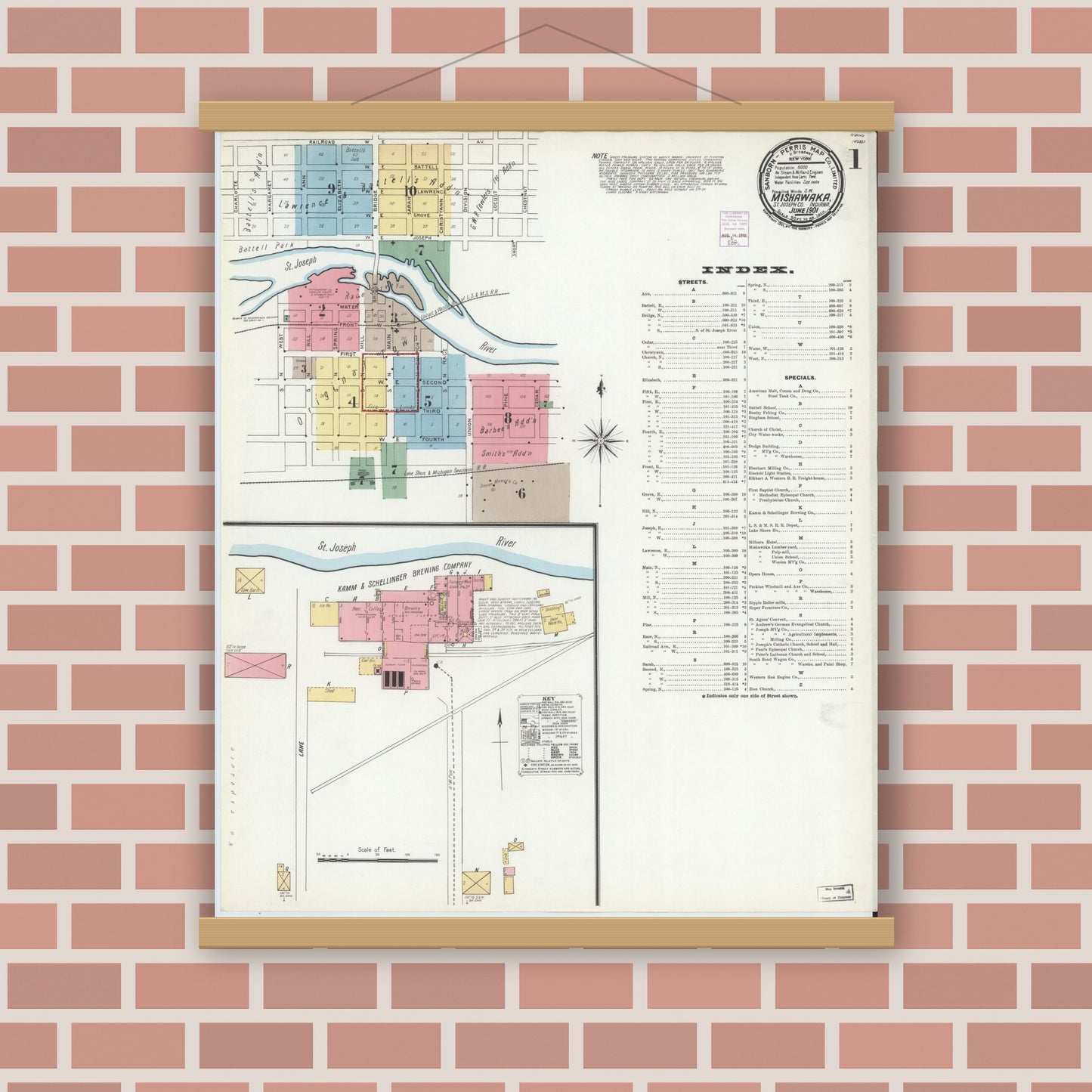 Old map wall art mockup — magnetic wood frame on brick wall — Sanborn Fire Insurance Map from Mishawaka, Saint Joseph County, Indiana (1901) - Complete Map Set