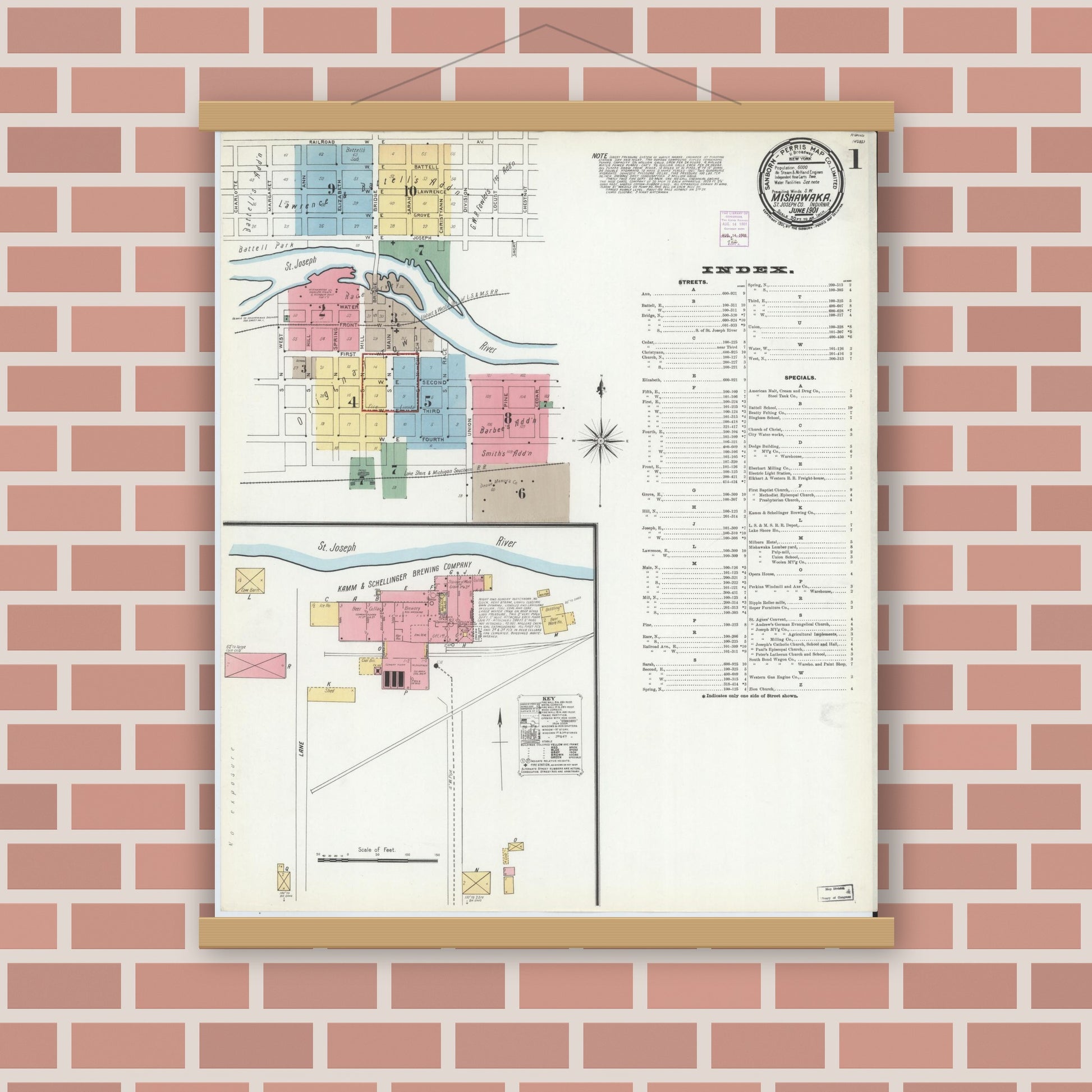 Old map wall art mockup — magnetic wood frame on brick wall — Sanborn Fire Insurance Map from Mishawaka, Saint Joseph County, Indiana (1901) - Complete Map Set