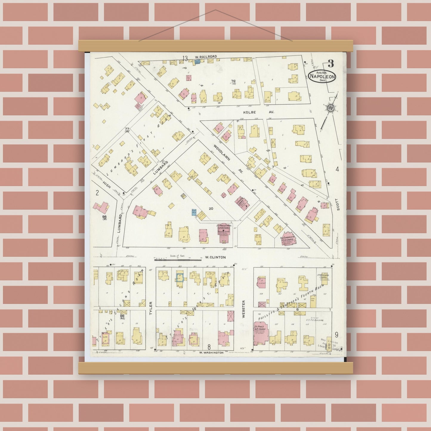 Old map wall art mockup — magnetic wood frame on brick wall — Sanborn Fire Insurance Map from Napoleon, Henry County, Ohio (1916), Sheet #0003
