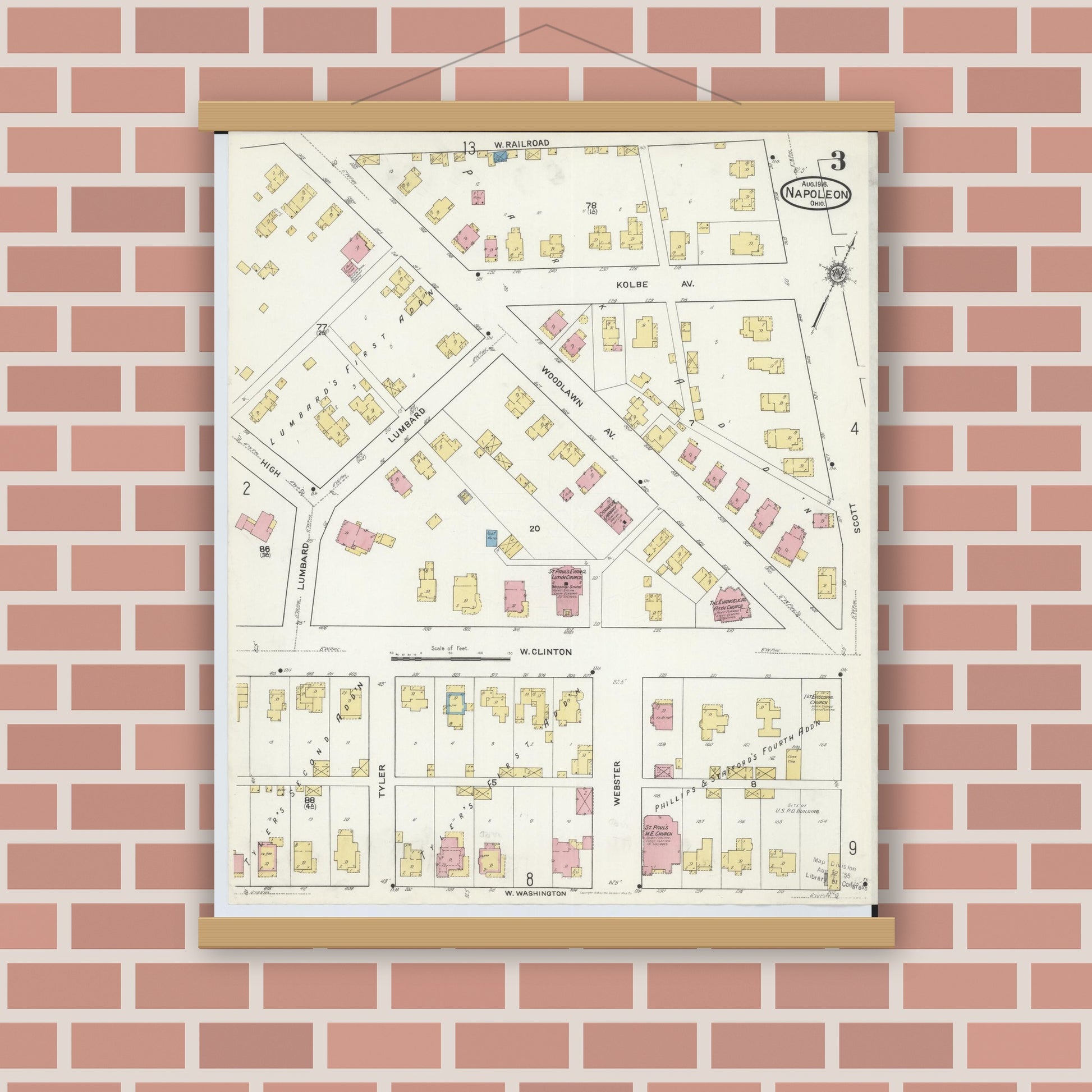 Old map wall art mockup — magnetic wood frame on brick wall — Sanborn Fire Insurance Map from Napoleon, Henry County, Ohio (1916), Sheet #0003
