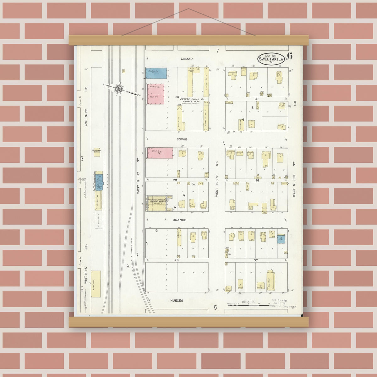 Old map wall art mockup — magnetic wood frame on brick wall — Sanborn Fire Insurance Map from Sweetwater, Nolan County, Texas (1914), Sheet #0006