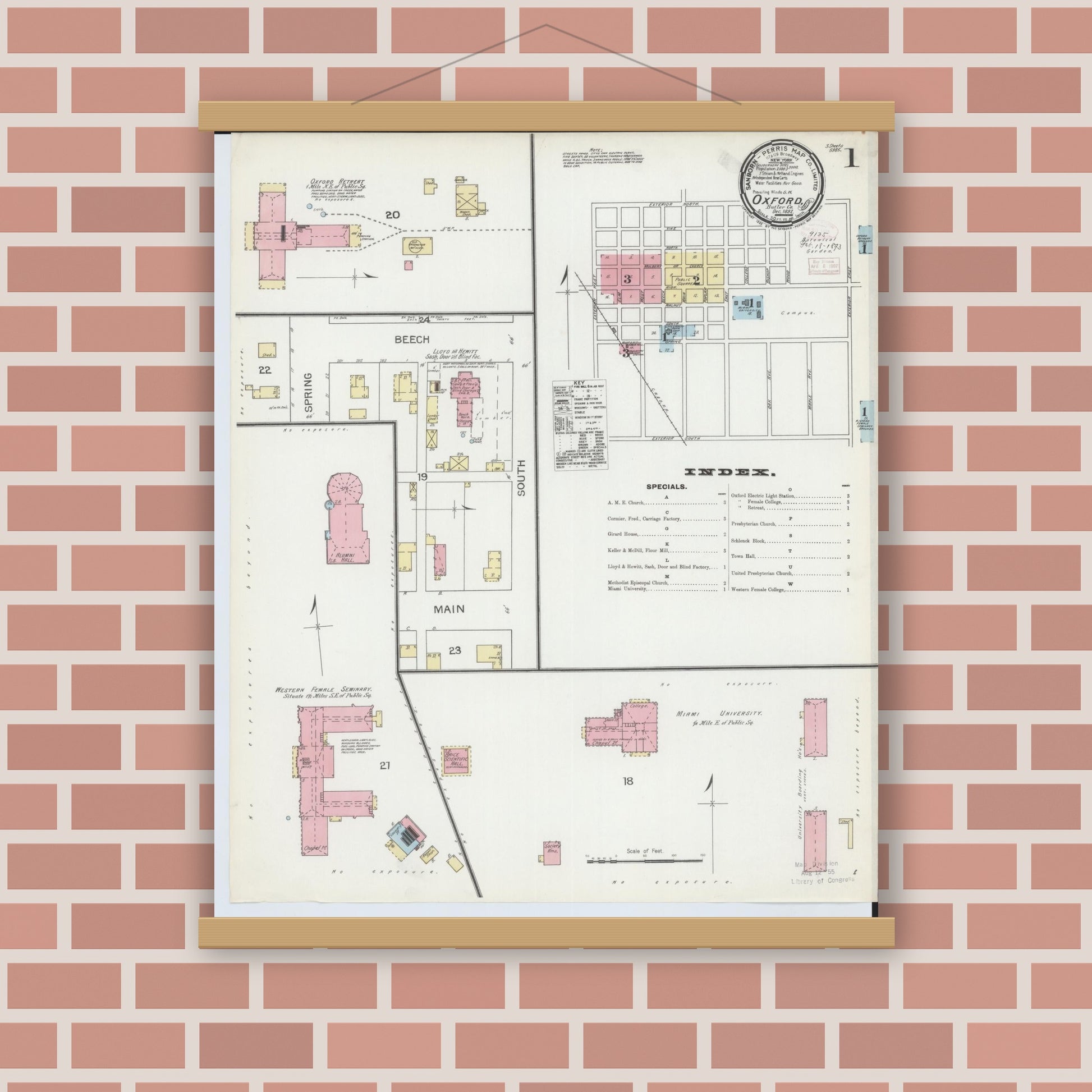 Old map wall art mockup — magnetic wood frame on brick wall — Sanborn Fire Insurance Map from Oxford, Butler County, Ohio (1892), Sheet #0001