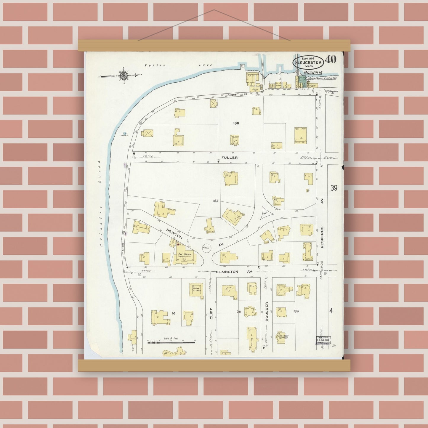 Old map wall art mockup — magnetic wood frame on brick wall — Sanborn Fire Insurance Map from Gloucester, Essex County, Massachusetts (1909), Sheet #0040