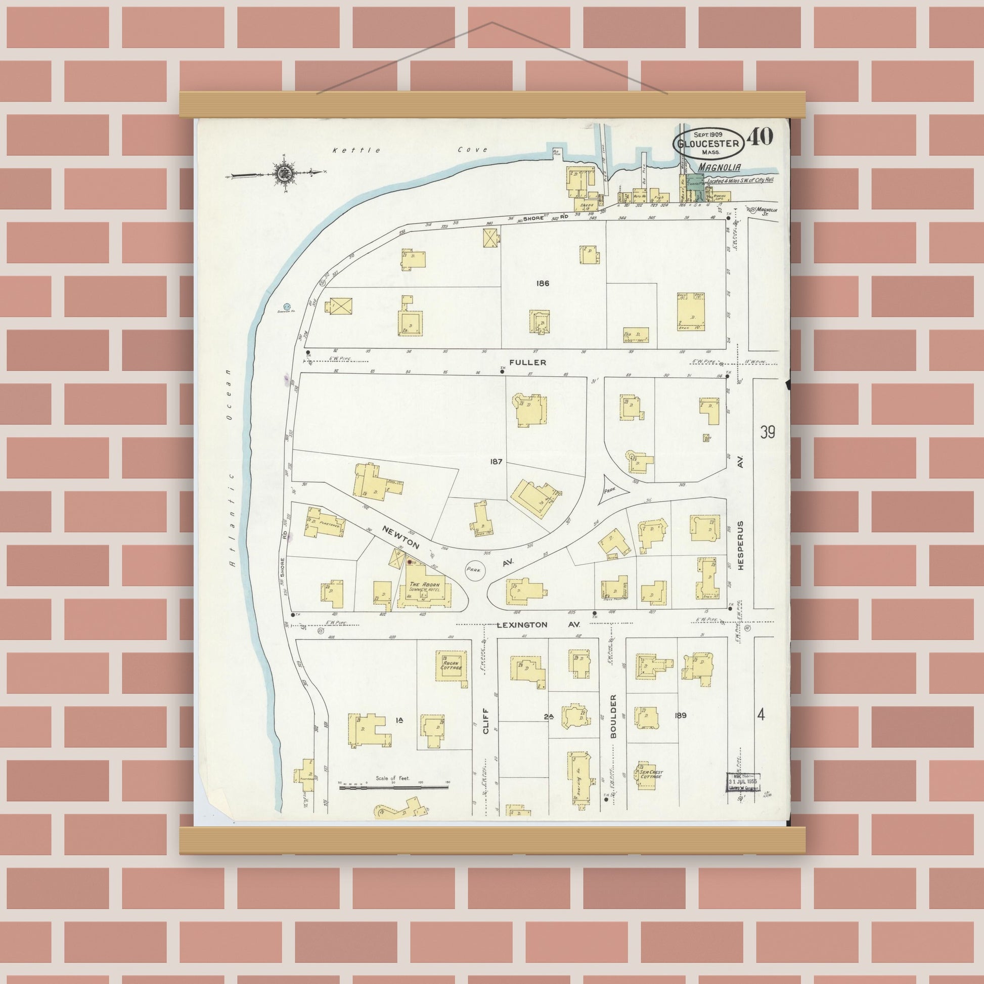 Old map wall art mockup — magnetic wood frame on brick wall — Sanborn Fire Insurance Map from Gloucester, Essex County, Massachusetts (1909), Sheet #0040