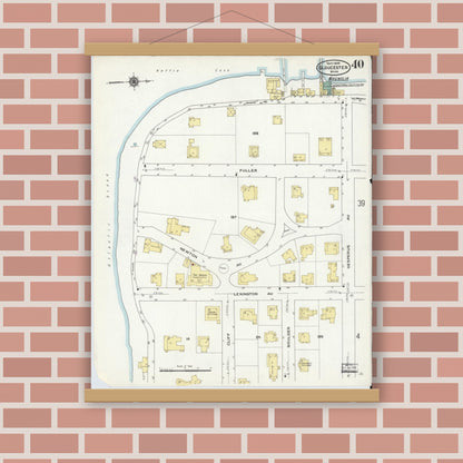 Old map wall art mockup — magnetic wood frame on brick wall — Sanborn Fire Insurance Map from Gloucester, Essex County, Massachusetts (1909), Sheet #0040