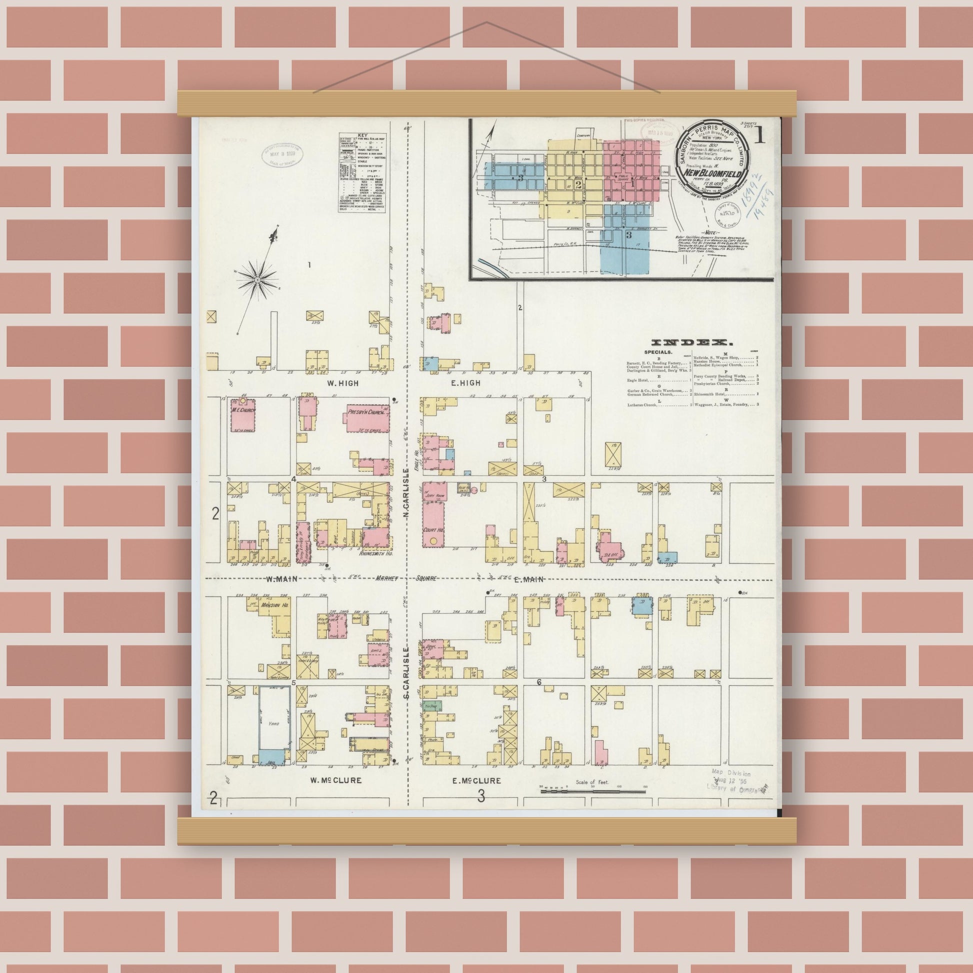 Old map wall art mockup — magnetic wood frame on brick wall — Sanborn Fire Insurance Map from New Bloomfield, Perry County, Pennsylvania (1899), Sheet #0001