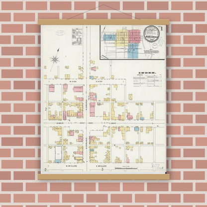 Old map wall art mockup — magnetic wood frame on brick wall — Sanborn Fire Insurance Map from New Bloomfield, Perry County, Pennsylvania (1899), Sheet #0001